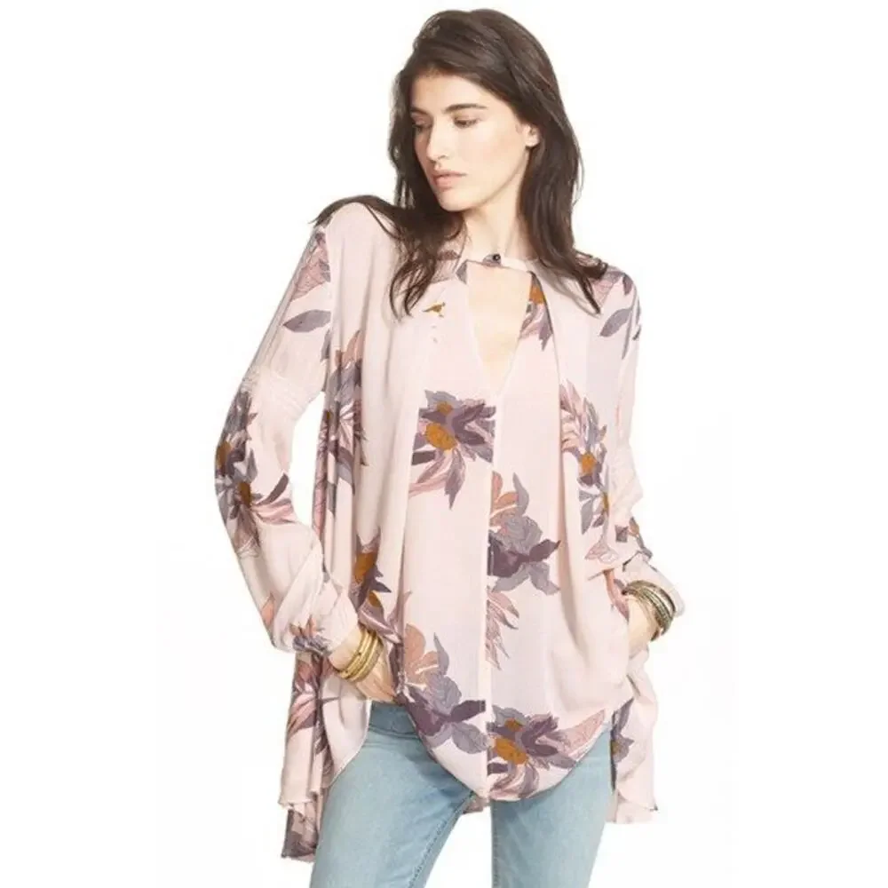 Free People Dress Womens Size XS Pink Floral Tree Swing Tunic Puff Sleeves